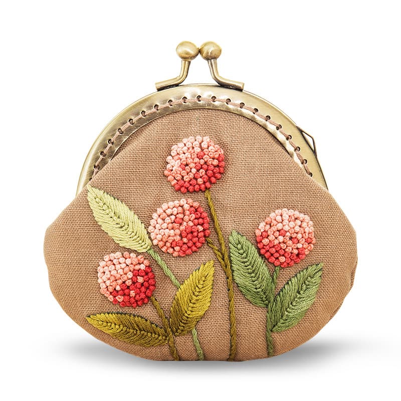 二つ折り財布 手刺繍花鳥模様がま口財布