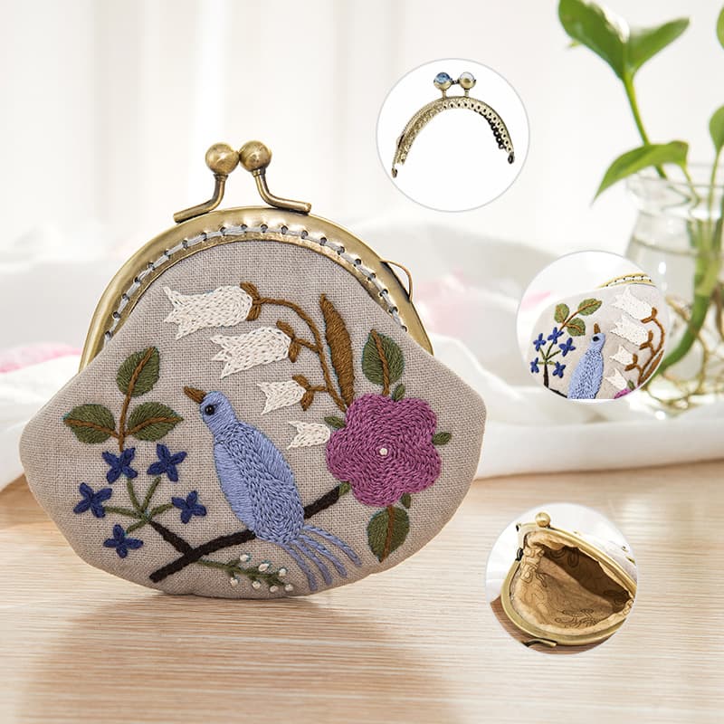 二つ折り財布 手刺繍花鳥模様がま口財布
