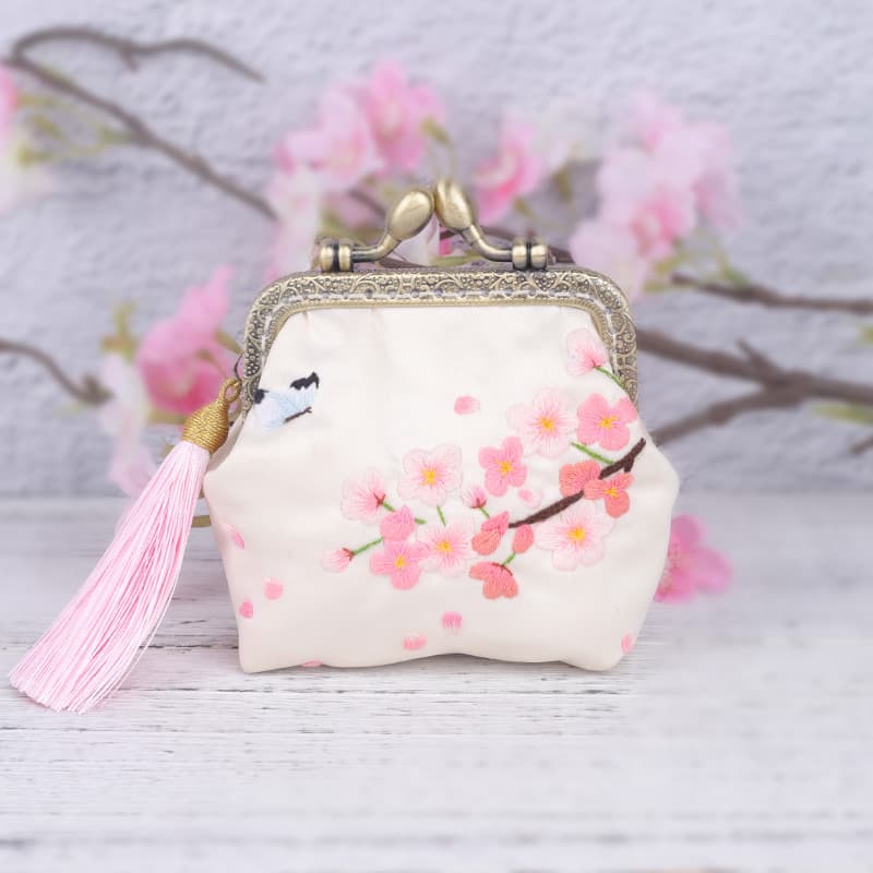 二つ折り財布 花刺繍 職人手作り がま口 小銭入れ
